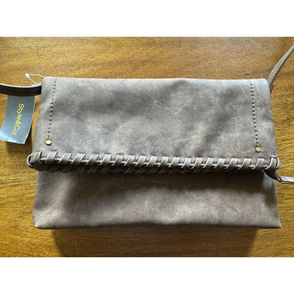NWT Style & Co Nubuck Foldover Clutch Crossbody Chocolate Brown Whipstitch
